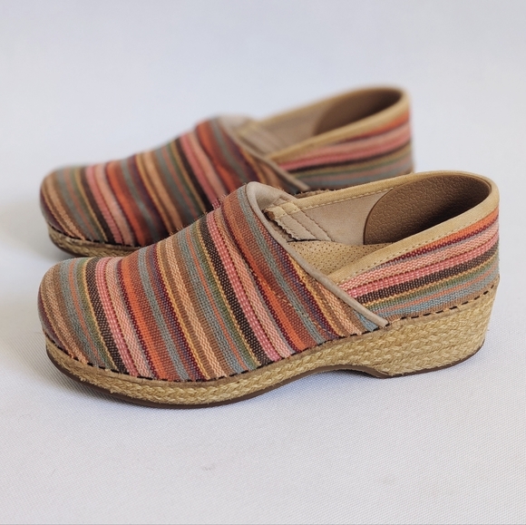 Dansko Jute Pro Earthy Multi-Color Woven Stripe Scandi Clogs Boho Whimsical - Picture 1 of 6